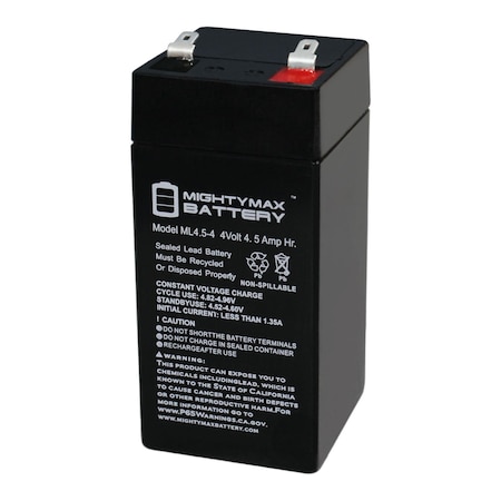 Mighty Max Battery Sealed Lead Acid Battery, 4 V, 4.5 AH, F1 Terminal, SLA, AGM Chemistry ML4.5-416